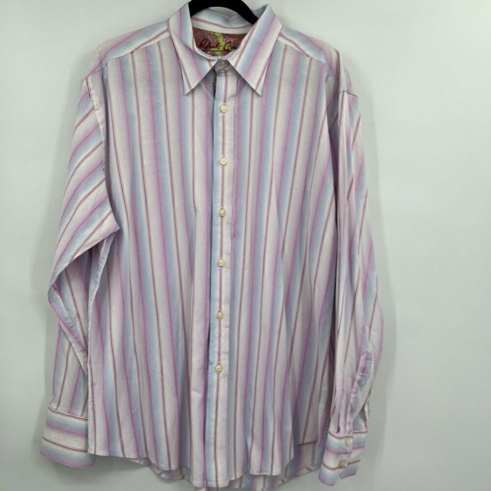 Robert Graham Mens Button-Up Stripe Purple Blue White Long Sleeve Dress Shirt XL